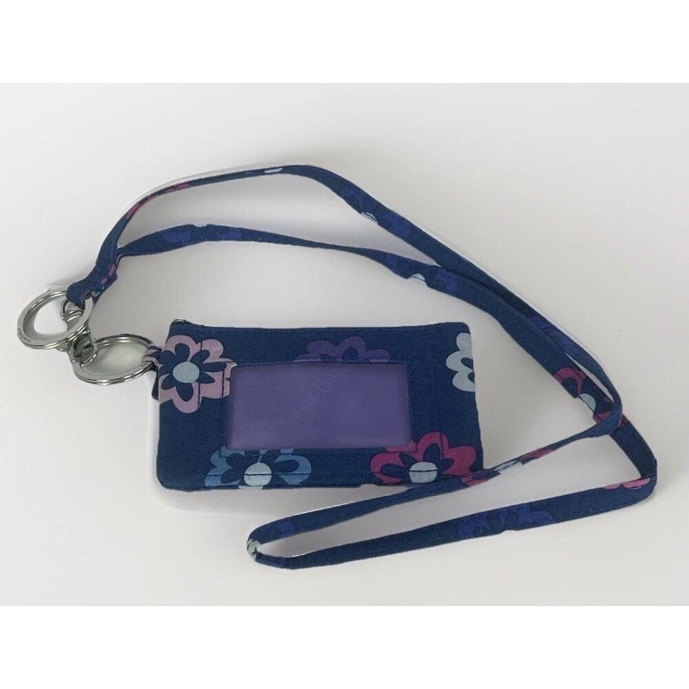 Vera Bradley Ellie Flowers ID Badge Case Lanyard Card Holder Zip Key Chain Blue